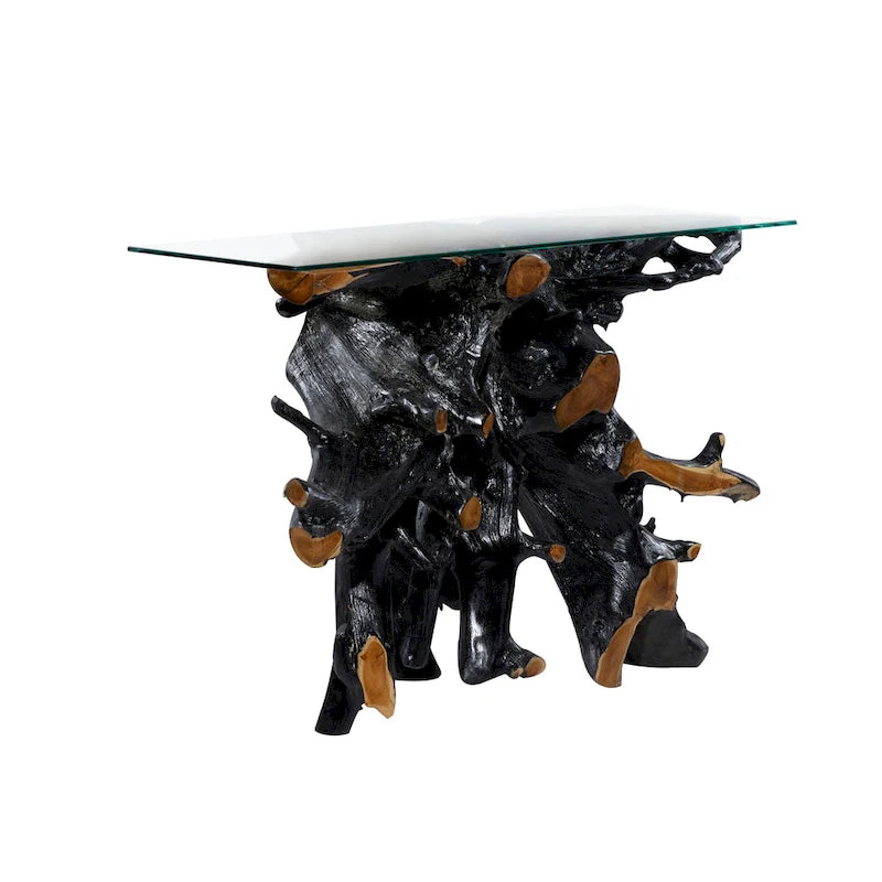 Console en bois de teck massif à bord naturel, plateau en verre transparent - Noir - Roche River Decor - 40,6 cm (L) x 124,5 cm (l) x 81,3 cm (H)