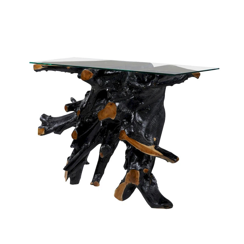 Console en bois de teck massif à bord naturel, plateau en verre transparent - Noir - Roche River Decor - 40,6 cm (L) x 124,5 cm (l) x 81,3 cm (H)