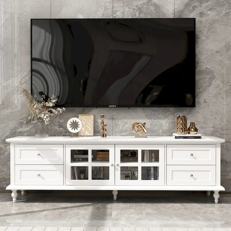 Meuble TV blanc moderne avec portes vitrées et tiroirs - Console multimédia - 70,9
