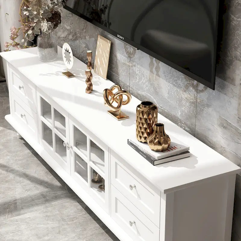 Meuble TV blanc moderne avec portes vitrées et tiroirs - Console multimédia - 70,9