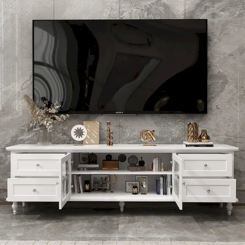 Meuble TV blanc moderne avec portes vitrées et tiroirs - Console multimédia - 70,9
