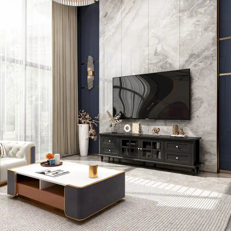 Meuble TV blanc moderne avec portes vitrées et tiroirs - Console multimédia - 70,9