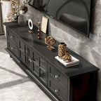 Meuble TV blanc moderne avec portes vitrées et tiroirs - Console multimédia - 70,9