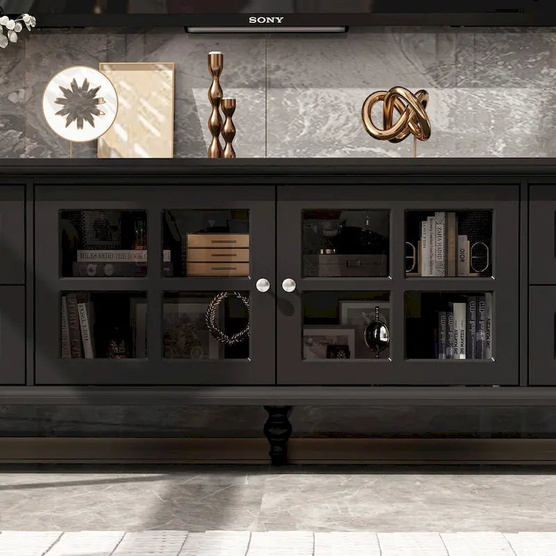 Meuble TV blanc moderne avec portes vitrées et tiroirs - Console multimédia - 70,9