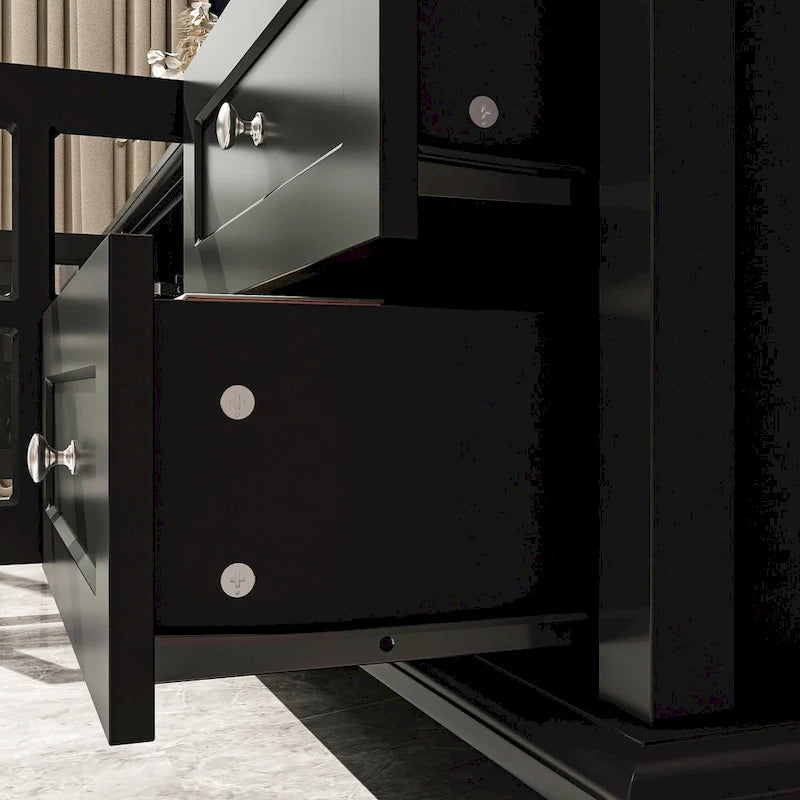 Meuble TV blanc moderne avec portes vitrées et tiroirs - Console multimédia - 70,9