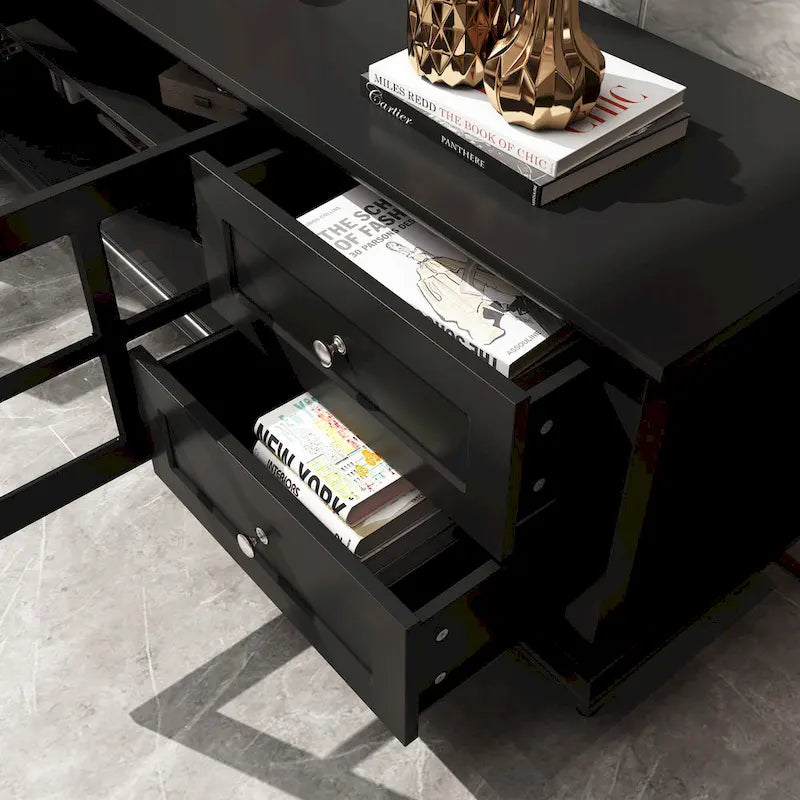 Meuble TV blanc moderne avec portes vitrées et tiroirs - Console multimédia - 70,9