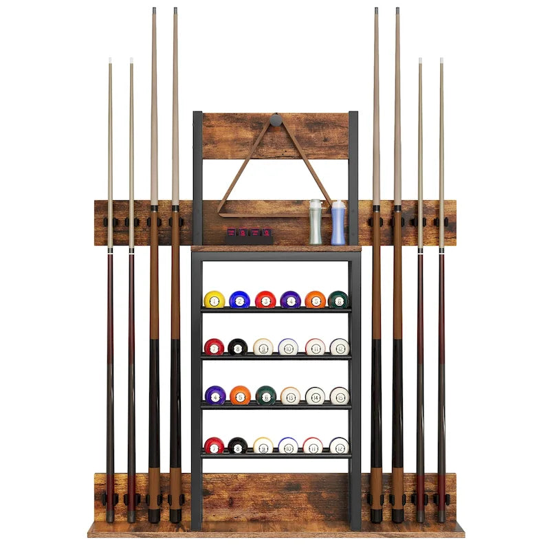 Râtelier de billard mural Moasis pour 8 queues avec support de rangement pour 24 boules