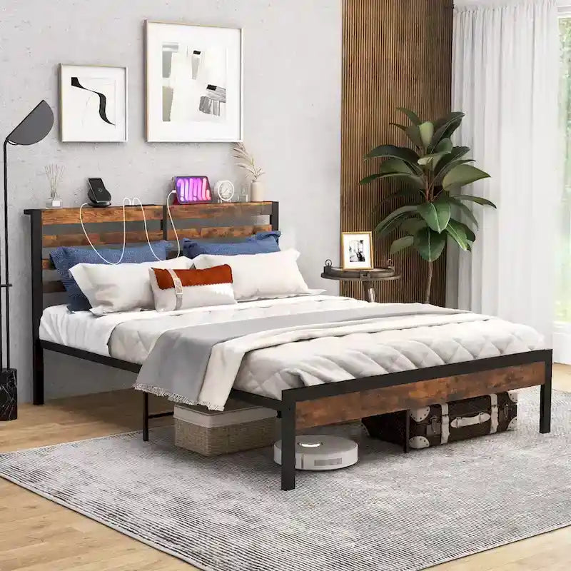 Industrial Metal Bed Frame Charging Station Mattress Foundation