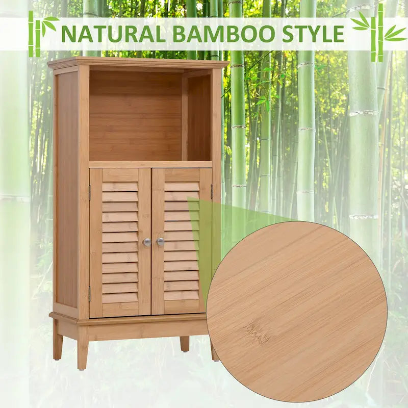 Meuble de sol HOMCOM en bambou naturel, idéal pour salle de bain ou salon. Tour de rangement avec plusieurs étagères et portes.