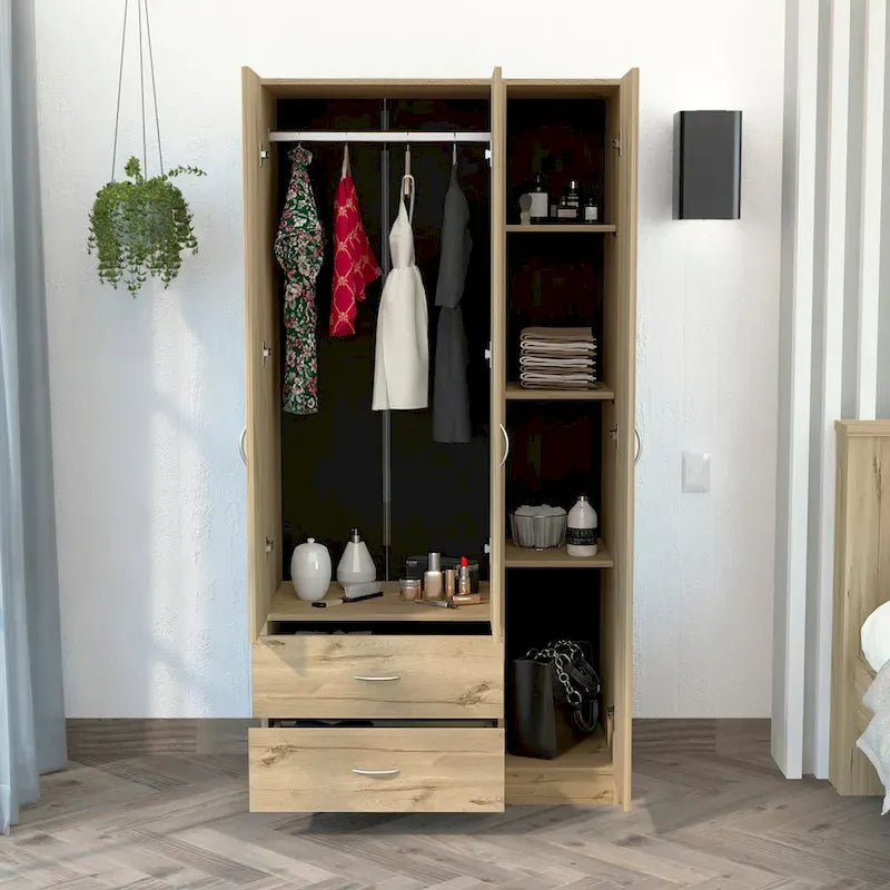 Armoire TUHOME Austral à 3 portes avec tiroirs, étagères et tringle - Non disponible