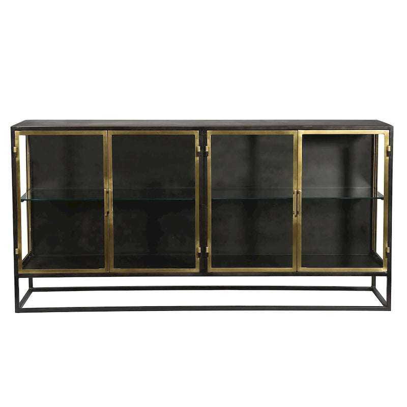 Brynlee 72 Gunmetal and Brass Finished Iron and Glass 4-Door Sideboard