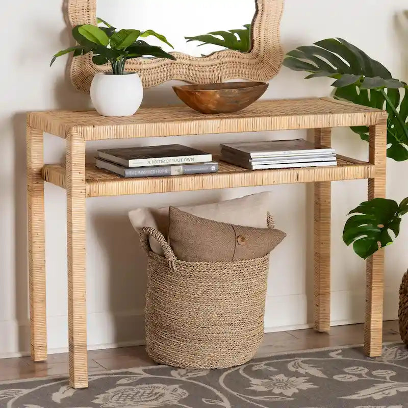 Kalimantan Bohemian Light Honey Rattan and Acacia Wood Console Table