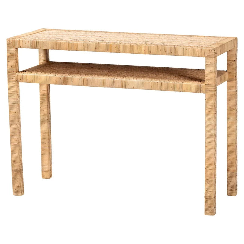 Table console Kalimantan Bohemian en rotin miel clair et bois d'acacia
