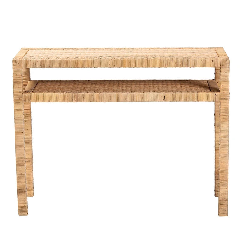 Table console Kalimantan Bohemian en rotin miel clair et bois d'acacia