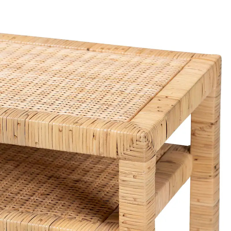 Table console Kalimantan Bohemian en rotin miel clair et bois d'acacia