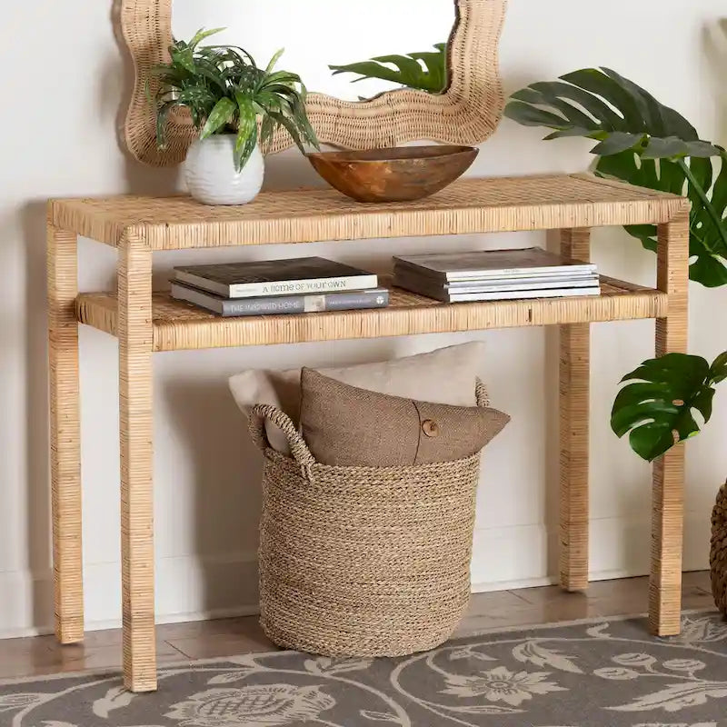 Table console Kalimantan Bohemian en rotin miel clair et bois d'acacia