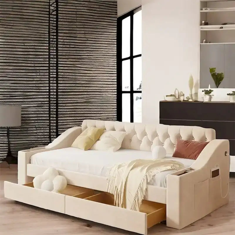 Lit de jour double en velours avec accoudoirs de rangement et port USB