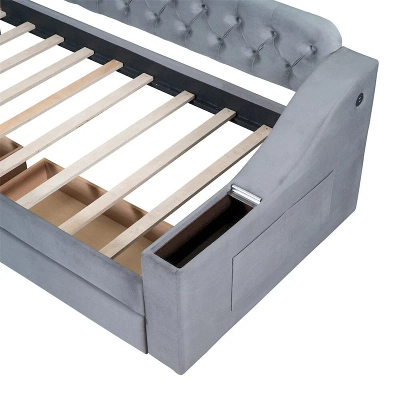 Lit de jour double en velours avec accoudoirs de rangement et port USB