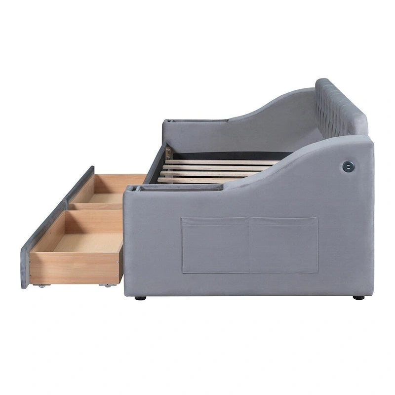 Lit de jour double en velours avec accoudoirs de rangement et port USB