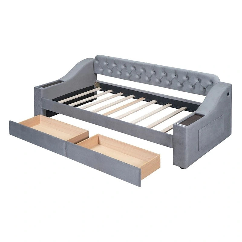 Lit de jour double en velours avec accoudoirs de rangement et port USB