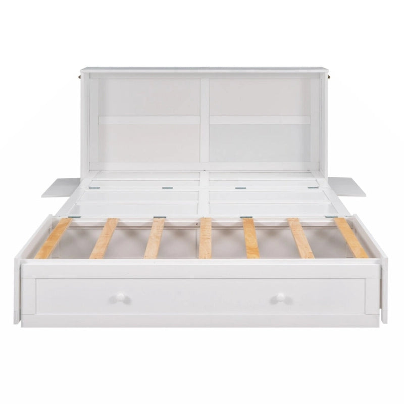 Lit escamotable mobile Queen Size avec tiroir et petites étagères de chaque côté, blanc