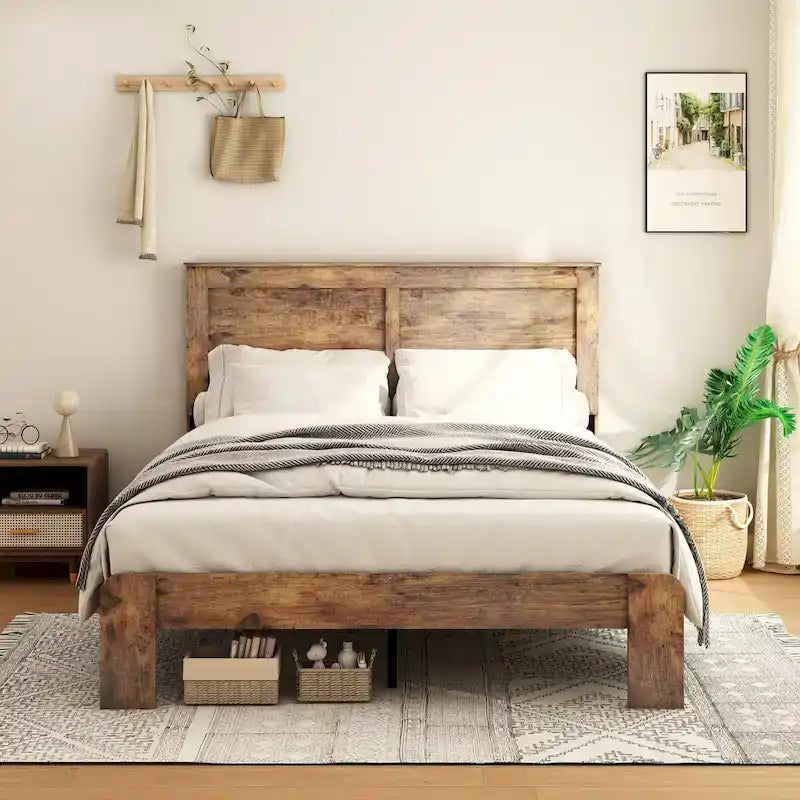 Dark Brown Full Size Wood Platform Bed Fro Bedroom