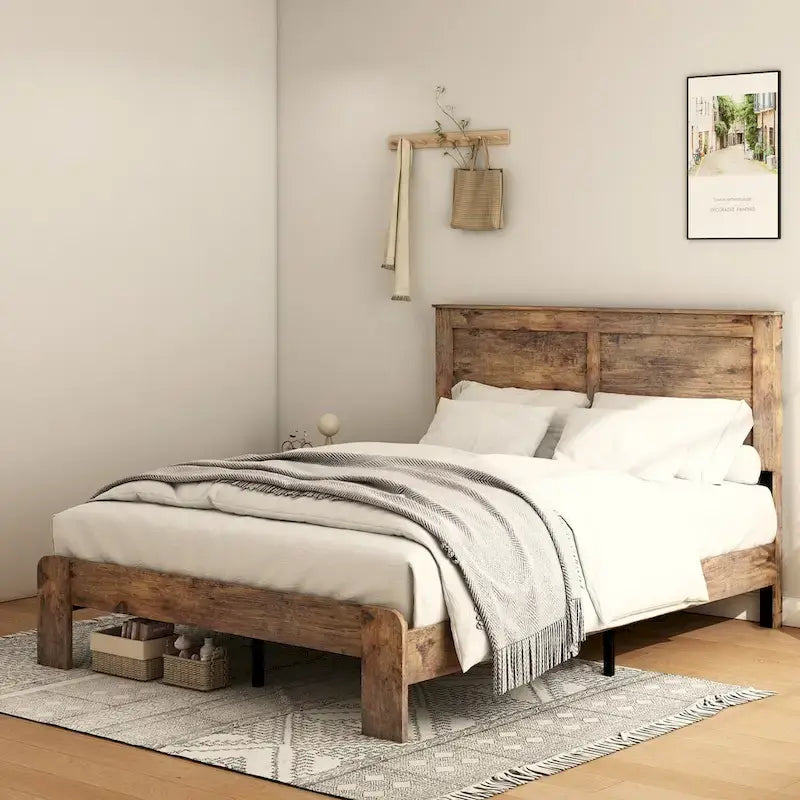 Lit plateforme en bois brun foncé, taille standard, pour chambre à coucher