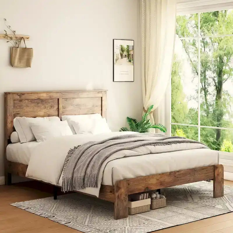 Lit plateforme en bois brun foncé, taille standard, pour chambre à coucher