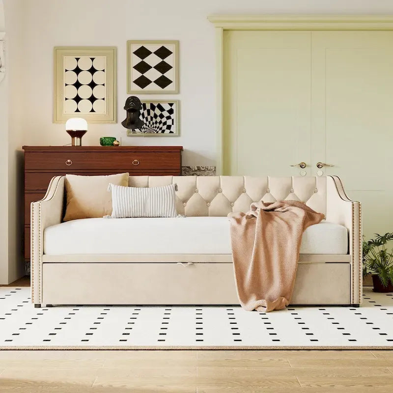 Lit de jour rembourré deux places avec lit gigogne escamotable, rose