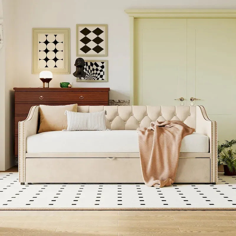 Lit de jour rembourré deux places avec lit gigogne escamotable, rose