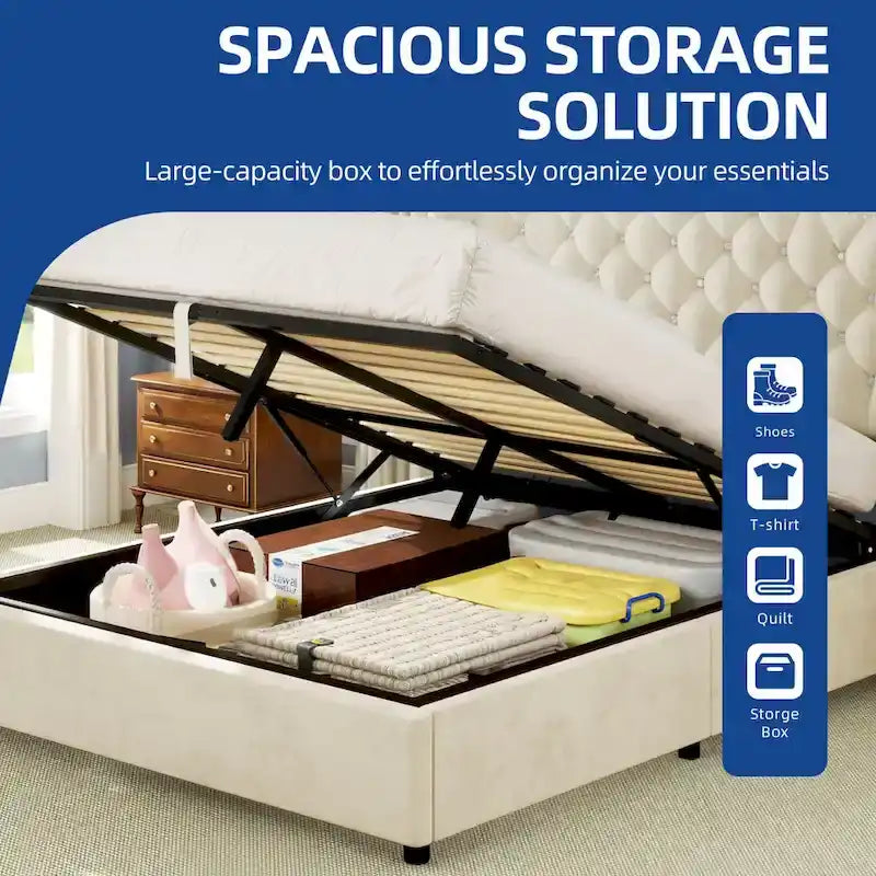 Lit coffre Moasis Queen avec tête de lit relevable, hauteur 131 cm
