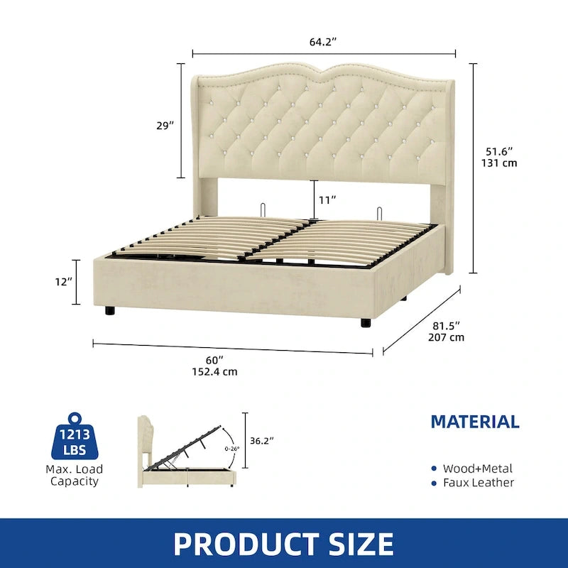 Lit coffre Moasis Queen avec tête de lit relevable, hauteur 131 cm