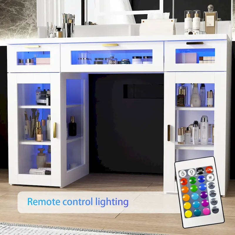 Coiffeuse avec éclairage LED réglable, miroirs à trois volets et tiroirs