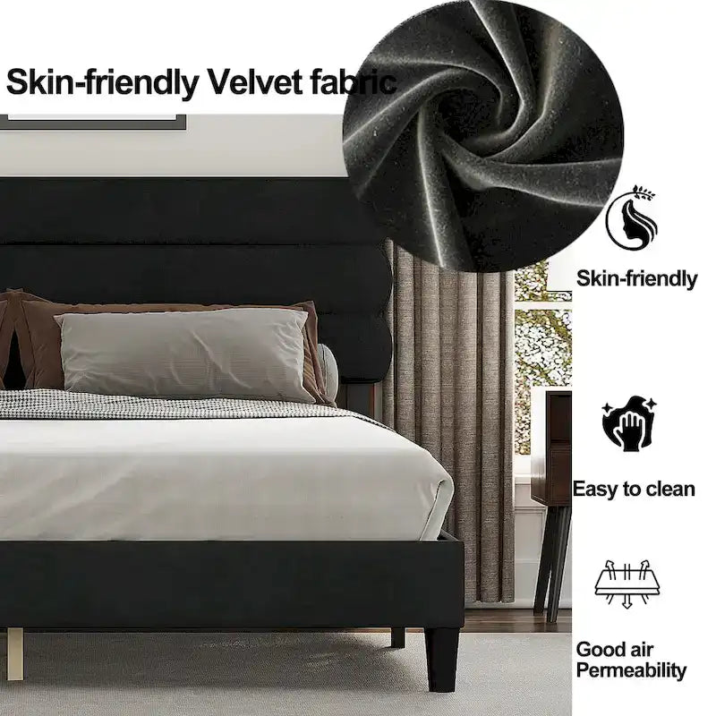 Cadre de lit King avec tête de lit, lit plateforme robuste avec sommier à lattes en bois, sans sommier tapissier ni base de matelas, montage facile