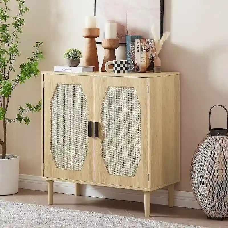 Armoire de rangement rustique avec 2 portes en rotin