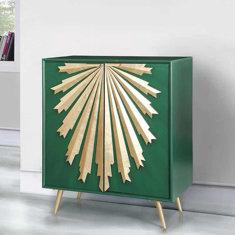 Buffet de salle à manger moderne et glamour en bois massif, à deux portes, motif soleil.