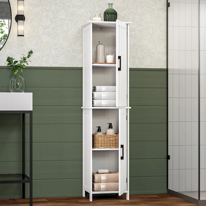 RiverRidge Monroe Tall Bathroom Storage Linen Cabinet and Organizer with Doors and Adjustable Shelves - White