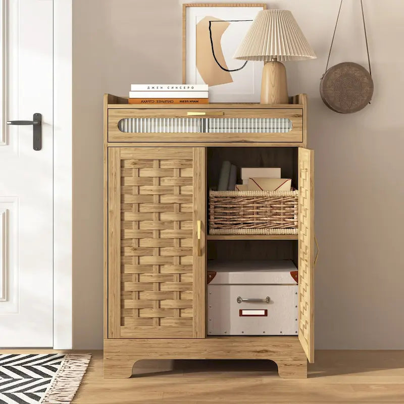 Meuble moderne avec tiroir et étagère réglable, style porte de grange, idéal pour la cuisine, la salle à manger, la salle de bain ou l'entrée.