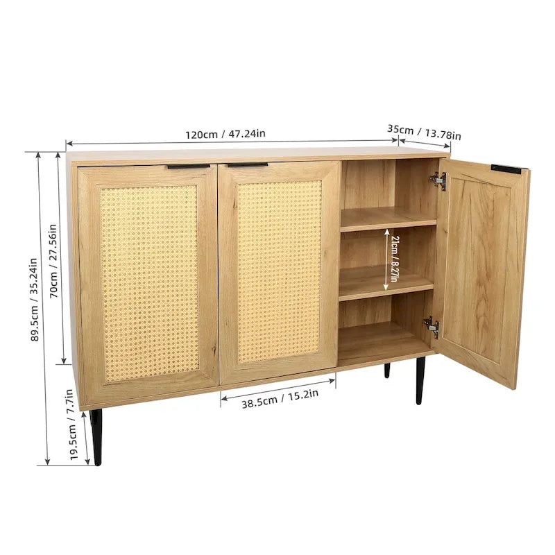 Armoire de rangement en bois 47,24 avec 3 portes en rotin et 3 étagères