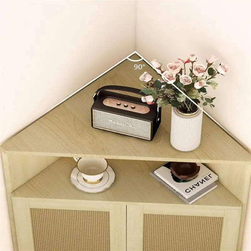 Meuble d'angle à 4 niveaux avec portes et étagères, bar autoportant en rotin - 56,5 cm (P) x 40 cm (L) x 100,5 cm (H)