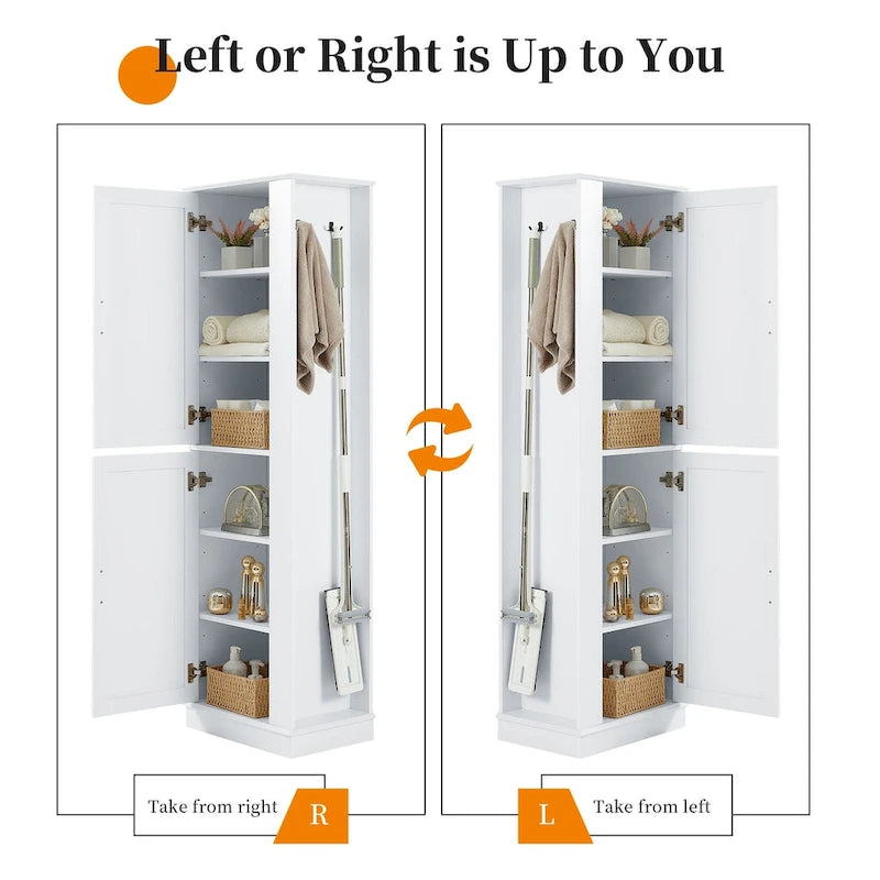 Armoire de rangement haute pour salle de bain, meuble de rangement autoportant avec crochet et étagère réglable, panneau MDF, blanc