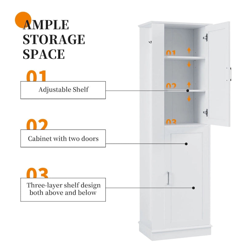 Armoire de rangement haute pour salle de bain, meuble de rangement autoportant avec crochet et étagère réglable, panneau MDF, blanc