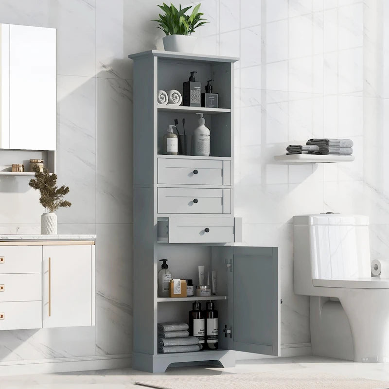 Armoire de rangement haute avec 3 tiroirs et étagères réglables pour salle de bain