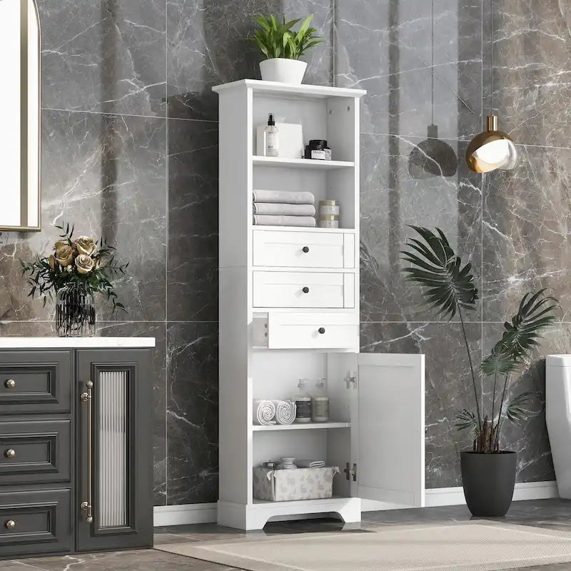 Armoire de rangement haute avec 3 tiroirs et étagères réglables pour salle de bain