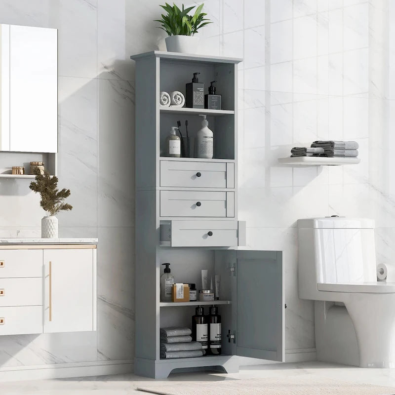 Armoire de rangement haute avec 3 tiroirs et étagères réglables pour salle de bain