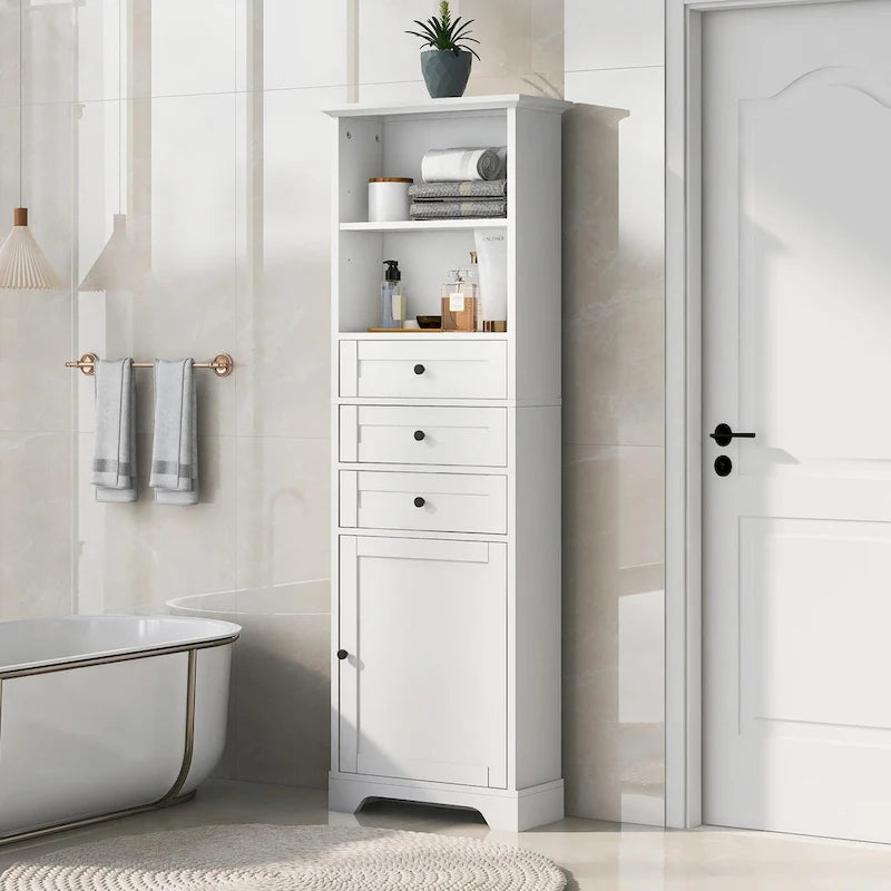 Armoire de rangement haute avec 3 tiroirs et étagères réglables pour salle de bain