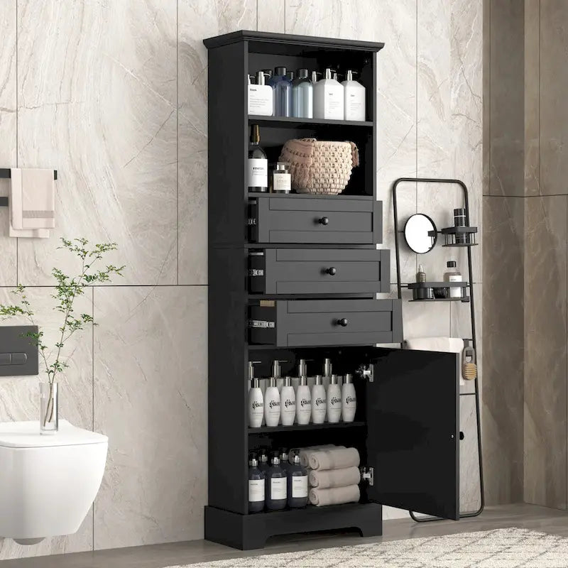 Black Tall Storage Cabinet with 3 Drawers and Adjustable Shelves for Bathroom,Study,Office and Interior