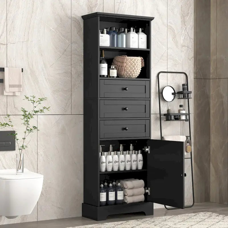 Armoire de rangement haute noire avec 3 tiroirs et étagères réglables pour salle de bain, bureau, pièce d'étude et intérieur