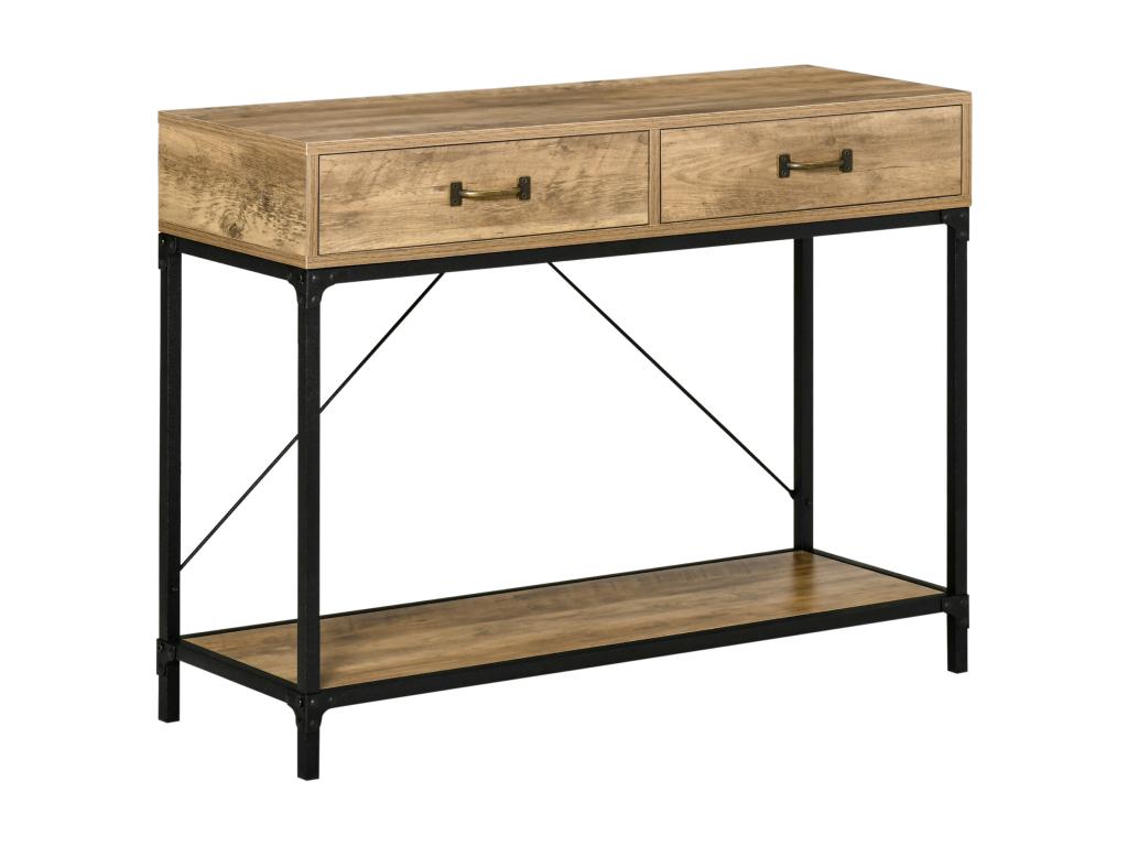 Table console d'appoint design industriel dim- 100L x 35l x 76H cm 2 tiroirs poignées laiton vieilli étagère métal noir aspect bois veinage