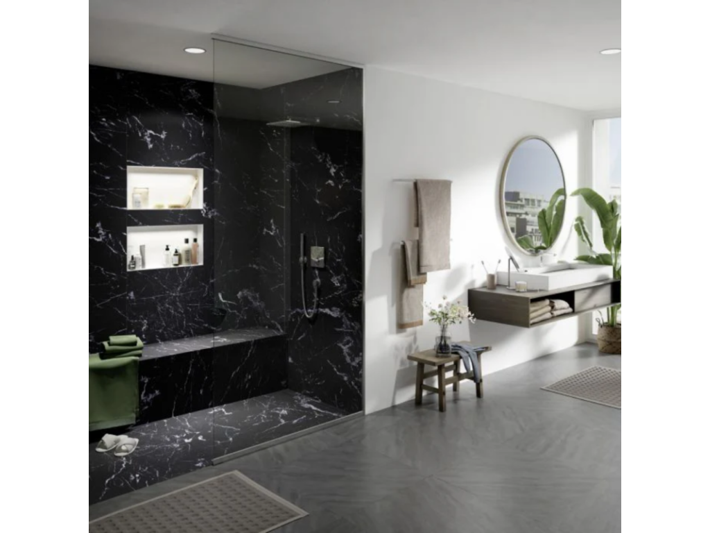 Receveur de douche à carreler 120x90 Vertchez neo revêtement Vertchez marbre noir colle ecoulement linéaire vertical Vertchez étanchéité
